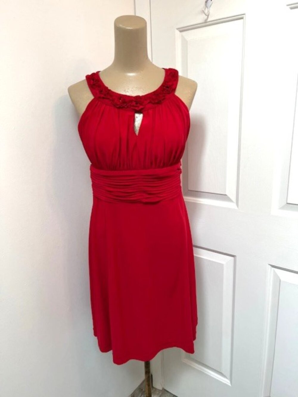 Deep Red Midi Dress w/Ruffled Bust